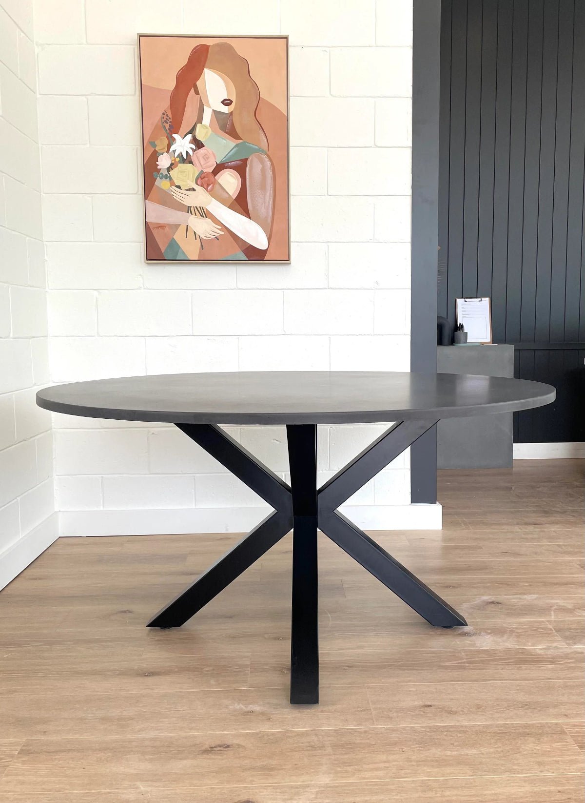 Indoor/Outdoor Round Concrete Dining Table - Black or White Spider Base - Mitchell Bink Concrete Design