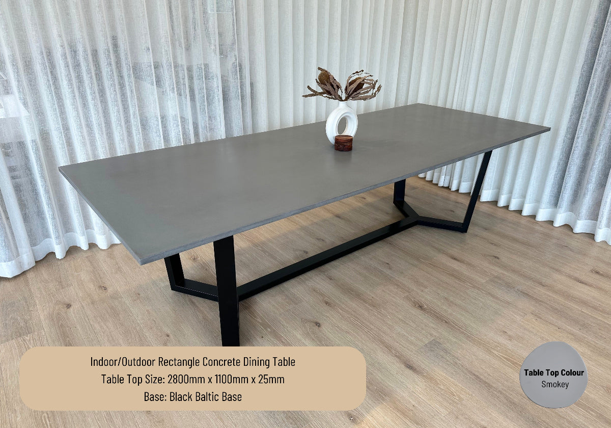Indoor/Outdoor Rectangle Concrete Dining Table - Black or White Baltic Base | Mitchell Bink Concrete Design