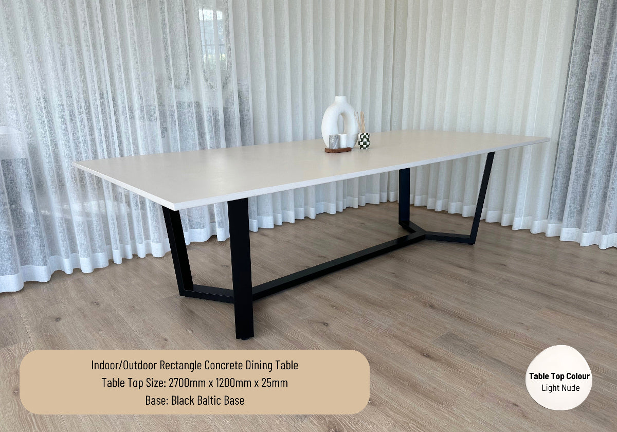 Indoor/Outdoor Rectangle Concrete Dining Table - Black or White Baltic Base | Mitchell Bink Concrete Design