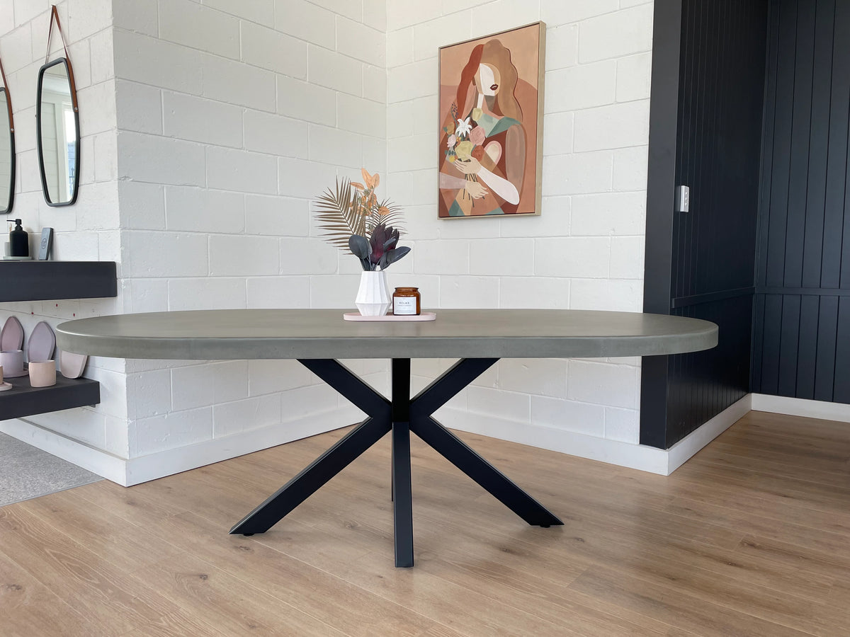 Indoor or Outdoor Oval Concrete Dining Table - Black or White Duke Base - Mitchell Bink Concrete Design