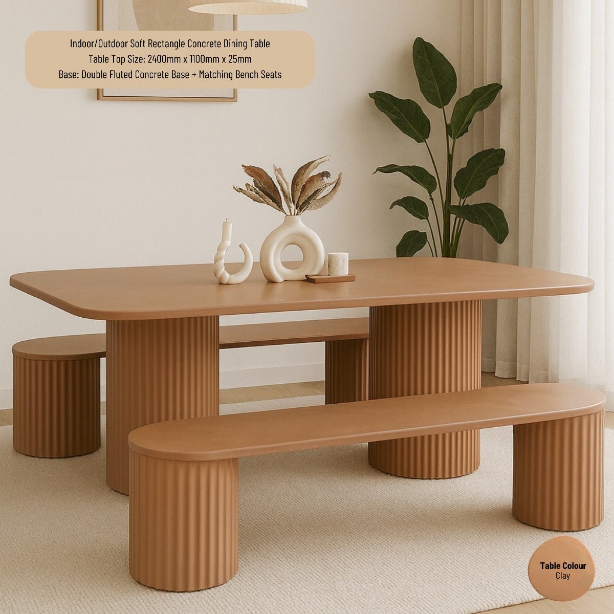 Fluted Rectangular Tables Indoor or Outdoor Soft Rectangle Concrete Dining Table - Fluted Double